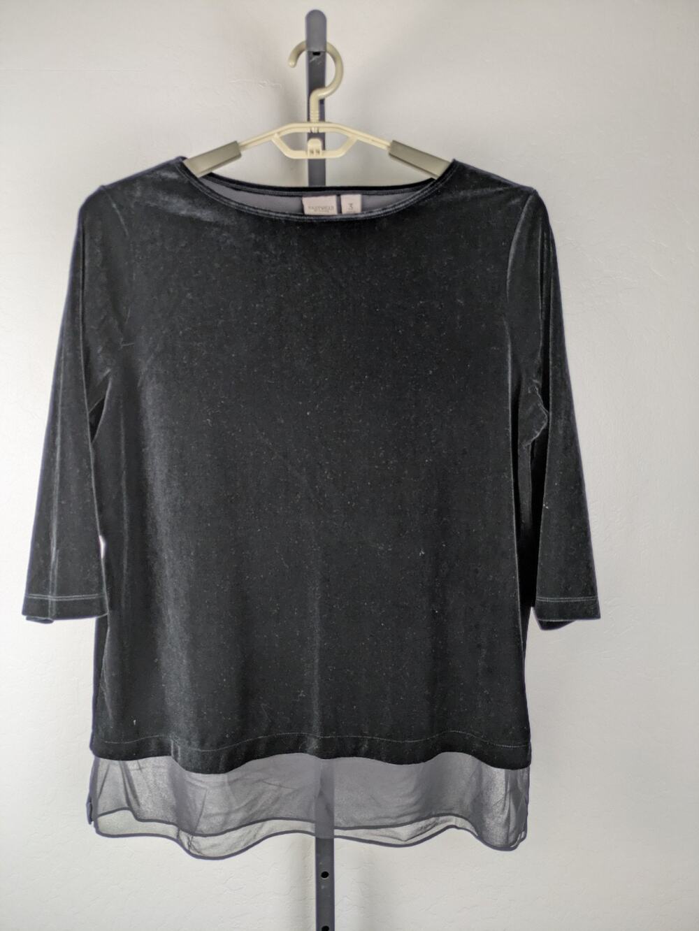 Easywear by Chico's Black Velvet Tunic Top Chiffon Hem Boat Neck